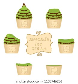 Colorful icon for natural avocado ice cream sorbet in different forms. Avocado pattern consisting of sweet cold ice cream sorbet, tasty frozen dessert. Fresh taste fruit ice cream sorbet of avocado.