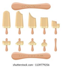 Colorful icon for natural coconut ice cream sorbet in different forms. Coconut pattern consisting of sweet cold ice cream sorbet, tasty frozen dessert. Fresh taste fruit ice cream sorbet of coconut.