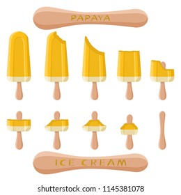 Colorful icon for natural papaya ice cream sorbet in different forms. Papaya pattern consisting of sweet cold ice cream sorbet, tasty frozen dessert. Fresh taste fruit ice cream sorbet from papaya.