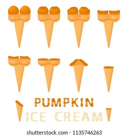 Colorful icon for natural pumpkin ice cream sorbet in different forms. Pumpkin pattern consisting of sweet cold ice cream sorbet, tasty frozen dessert. Fresh taste fruit ice cream sorbet from pumpkin.