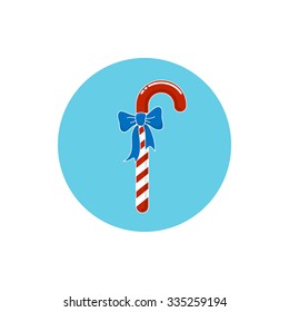 Colorful Icon Red Striped Candy Cane  with Blue Bow,  Merry Christmas and Happy New Year ,Icon Christmas Decoration, Vector Illustration