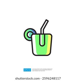 Colorful Icon of a Refreshing Beverage in a Green Glass with Straw and Circular Design Element