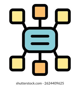 Colorful icon representing data integration, connecting various data sources to a central hub for processing and analysis