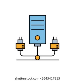 Um ícone colorido de uma unidade de servidor conectada a dois cabos de rede. Perfeito para data centers, infraestrutura de TI, redes e temas de tecnologia.
