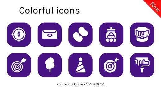 colorful icon set. 10 filled colorful icons.  Simple modern icons about  - Target, Letter, Jelly beans, Candy jar, Paint bucket, Cotton candy, Party hat, Paint roller