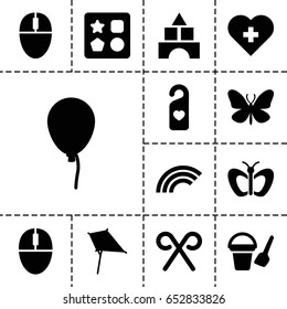 Colorful icon. set of 13 filled colorfulicons such as butterfly, baloon, bucket toy for beach, from toy for beach, toy tower, kite, heart tag, mouse, candy cane, rainbow