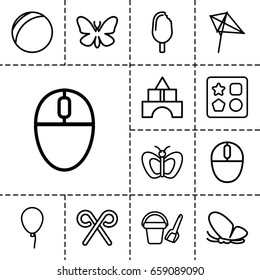 Colorful icon. set of 13 outline colorfulicons such as butterfly, baloon, bucket toy for beach, from toy for beach, toy tower, kite, mouse, candy cane, ice cream