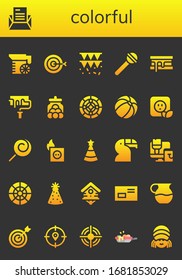 colorful icon set. 26 filled colorful icons. Included Juice, Letter, Target, Garland, Lollipop, Smore, Paint roller, Candy jar, Stained glass, Beach ball, Plug, Party hat icons