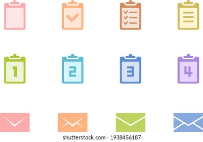 Colorful icon set of binders, materials, questionnaires, emails, etc.