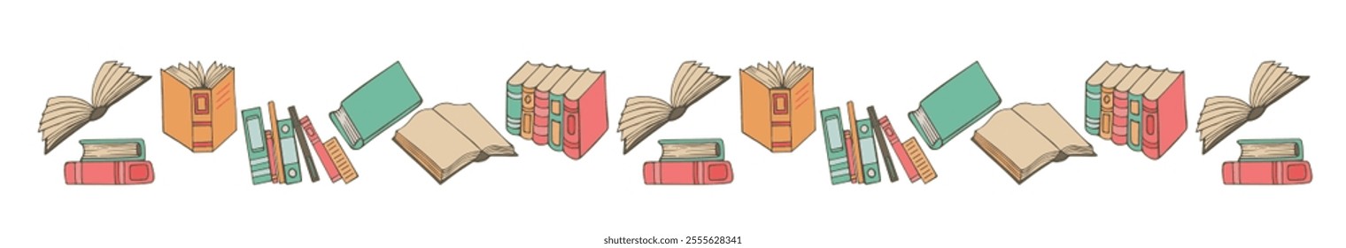 Colorful icon set of book, notebook, copybook, pile of books. Logo in flat style isolated on transparent background. Hand drawing doodles. Vector illustration 
