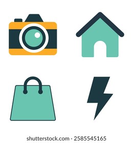 colorful icon set, camera house shopping lightning, graphic symbol collection