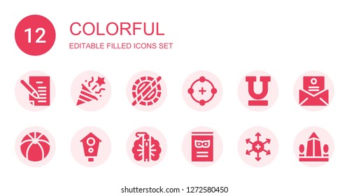 colorful icon set. Collection of 12 filled colorful icons included Letter, Confetti, Holi, Circle, Underline, Beach ball, Aviary, Peacock, Comic, Positive ion, Obelisk