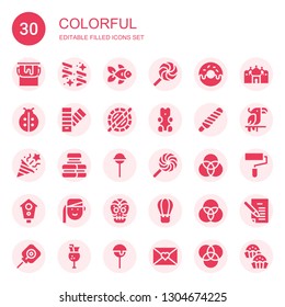 colorful icon set. Collection of 30 filled colorful icons included Paint bucket, Confetti, Goldfish, Lollipop, Donut, Ladybird, Pantone, Holi, Gummy bear, Popsicle, Macarons, Color