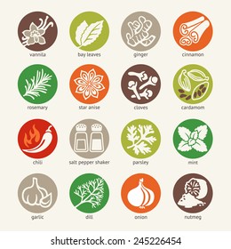 Colorful icon set - cooking ingredients: spices, condiments and herbs 