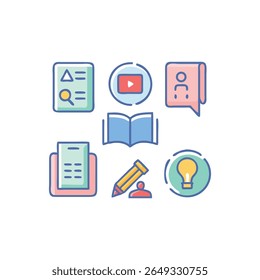 A colorful icon set depicting online education elements in a flat, cartoonish style. Vector graphic isolated on a solid background.