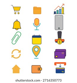 Colorful icon set for digital interfaces
Twenty colorful icons arranged in a grid, depicting interface elements like carts, charts, wallets, and phones. Designed for app and web functionality.