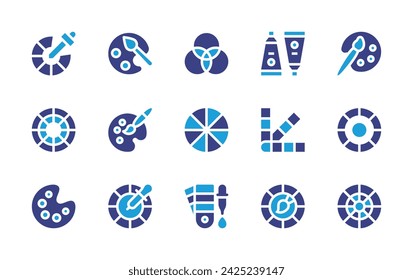 Colorful icon set. Duotone color. Vector illustration. Containing color palette, paint tube, picker, color, paint, colour, wheel, chromatic, paint palette, sample, pantone.