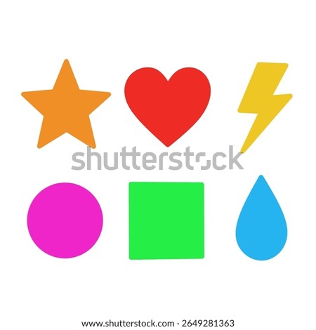 Colorful icon set featuring a bright star, heart, lightning bolt, circle, square, and drop. Ideal for children’s content, infographics, or playful UI designs