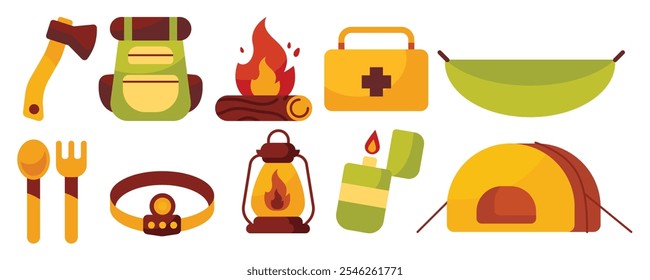 A colorful icon set featuring camping essentials like tents, backpacks, axes, lanterns, and first aid kits, illustrated in a flat, adventurous style.