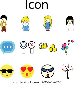 Colorful icon set featuring characters, emotions, symbols, and nature illustrations