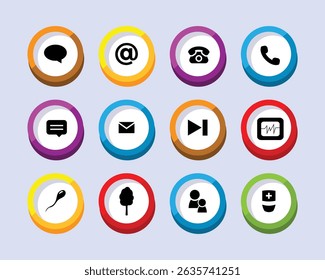 Farbiges Icon-Set mit kommunikationsmedizinischer Natur und Medienelementen auf Kreistasten