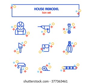 Colorful icon set. Flat style. House remodel tools.