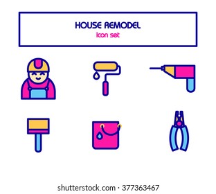 Colorful icon set. Flat style. House remodel tools.