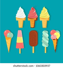 The colorful icon set of ice creams. Cartoon drawing vector illustration on blue background.