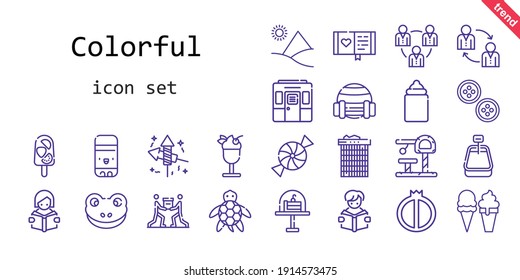 colorful icon set. line icon style. colorful related icons such as buttons, turtle, candy, feeder, reading, fireworks, popsicle, diary, recycle bin, ice cream, frog, teamwork, glue stick, cake