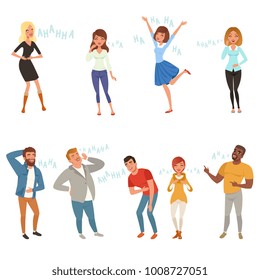 Colorful icon set with loudly laughing people at funny joke. Cartoon men and women characters in casual clothes. Hahaha text. Full-length portraits. Flat vector design