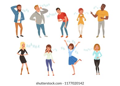 Colorful icon set with loudly laughing people at funny joke. Cartoon men and women characters in casual clothes. Hahaha text. Full-length portraits. Flat vector design