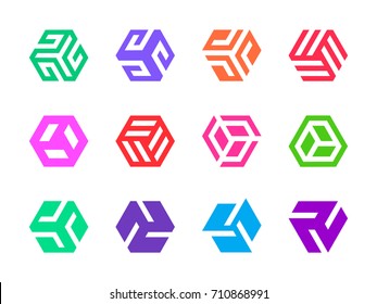 Colorful icon set on a white background. Hexagon shaped logo design elements. Abstract hexagonal vector symbols.