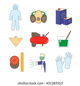 Colorful  icon set painter equipments as compressor, protective suit, paint mask, gun, hardener, lacquer, gloves, sandpaper, strainer