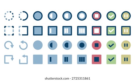 Um conjunto de ícones coloridos de várias tarefas. Trinta e seis ícones, incluindo em andamento, interrompidos, aprovados etc.