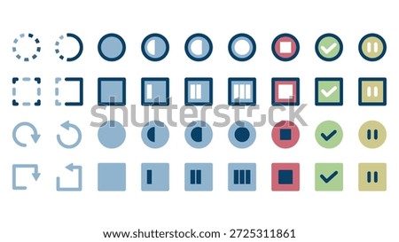 A colorful icon set of various tasks. Thirty-six icons, including in progress, stopped, approved, etc.