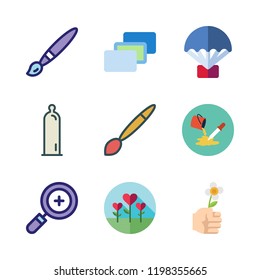 Colorful Icon Set. Vector Set About Zoom In, Condom, Flower And Paint Bucket Icons Set.