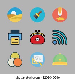 colorful icon set. vector set about color palette, desert, text lines and cap icons set.