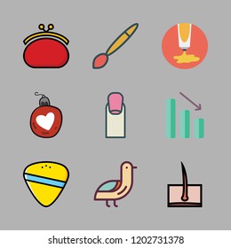 colorful icon set. vector set about paint tube, paint brush, guitar pick and bird icons set.