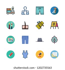 colorful icon set. vector set about leaf, paint tube, clip and shorts icons set.