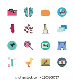 colorful icon set. vector set about nail polish, push pin, duck and purse icons set.