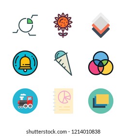 colorful icon set. vector set about bell, graphics, sunflower and pie chart icons set.