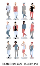 Colorful icon set with walking young people different nationalities. Cartoon man characters in casual clothes. Full-length portraits. Flat vector design.