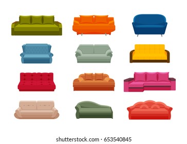Colorful icon sofa set. Collection of furniture for home interiors. Vector illustration in flat style.