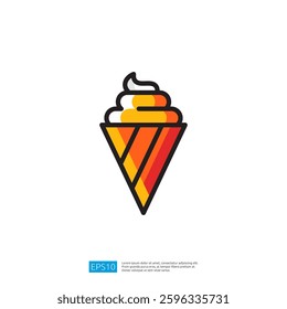 Colorful Icon of a Soft Serve Ice Cream Cone with Whipped Topping in Orange and Red Colors