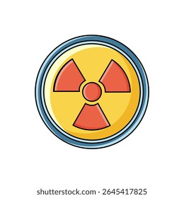 Um ícone colorido do símbolo universal de perigo de radiação, apresentando um trevo vermelho em um círculo amarelo dentro de um anel azul. Ideal para advertência, perigo, nuclear e temas científicos.
