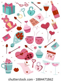 Colorful icon for valentines day elements. Cute and pink elements isolated on white. Design set for Valentine's Day for stikers and Valentine's Day cards. Vector illustration