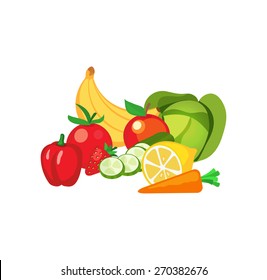 Colorful Icon of Vegetables and fruits in group. Vector illustration, images isolated on white background. 