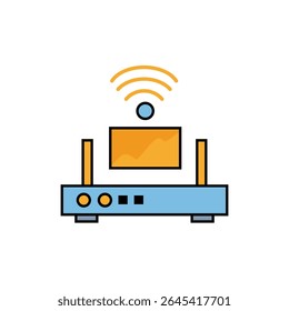 Um ícone colorido de um roteador Wi-Fi emitindo sinais, simbolizando uma conexão sem fio com a Internet. Ideal para tecnologia, redes e temas de comunicação.