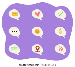 Colorful icons in bubbles. Design elements for conversations. Vector illustration.