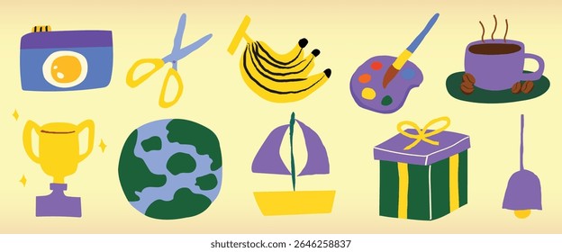 Colorful icons: camera, scissors, bananas, paint palette, coffee, trophy, globe, sailboat, gift, broom. Vibrant, playful, diverse collection. Cute illustrations, isolated vector set.